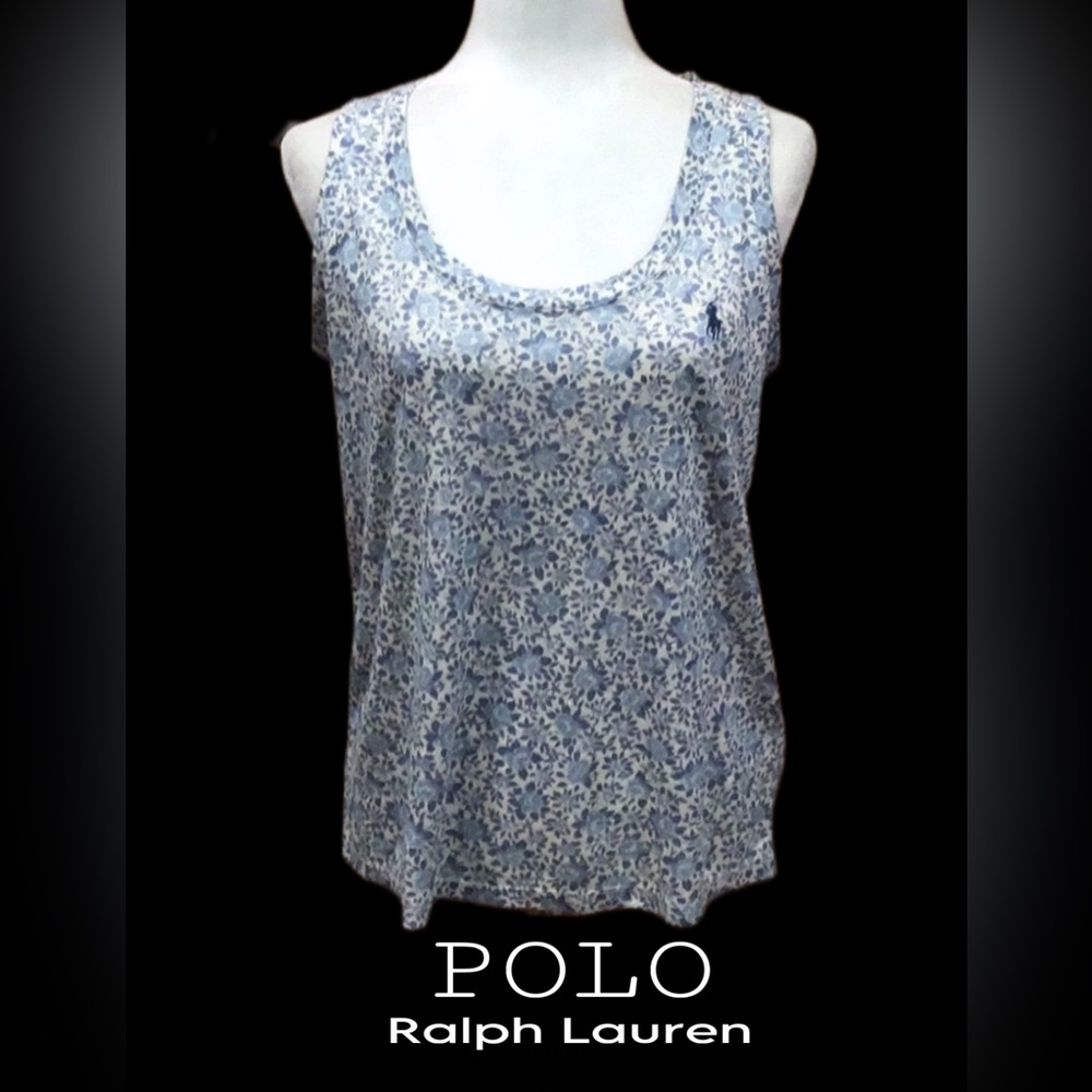 POLO Ralph Lauren Floral‎ Pony Tank Top, Blue & White, Size Medium